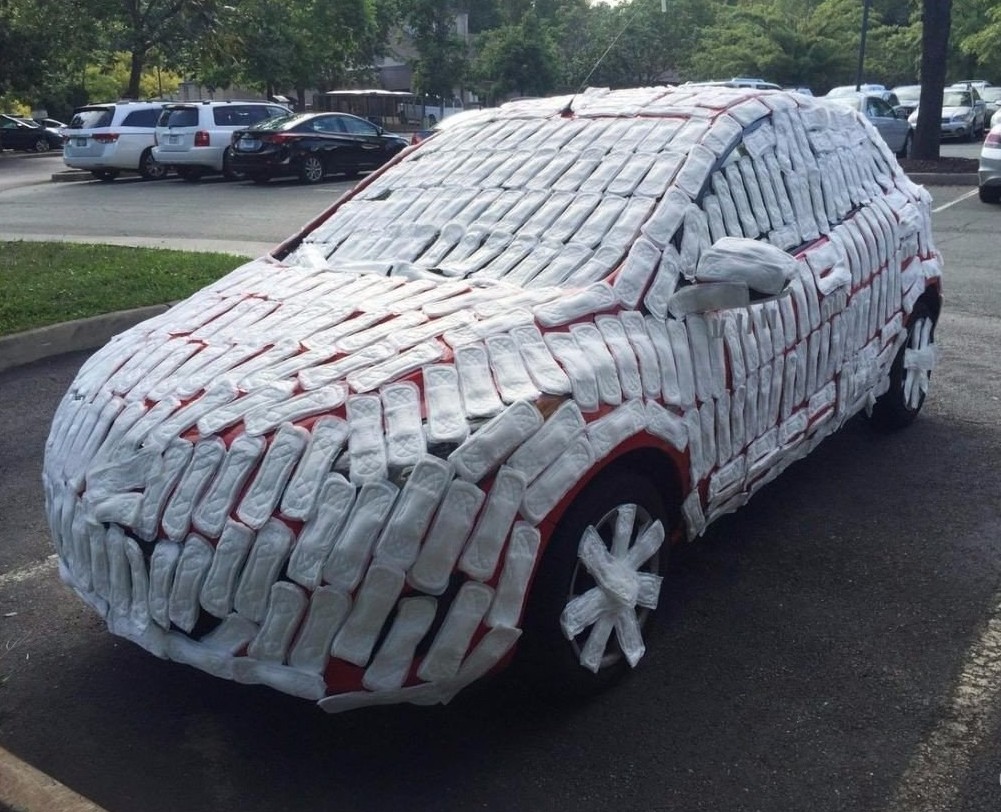  She covered his car in tampons